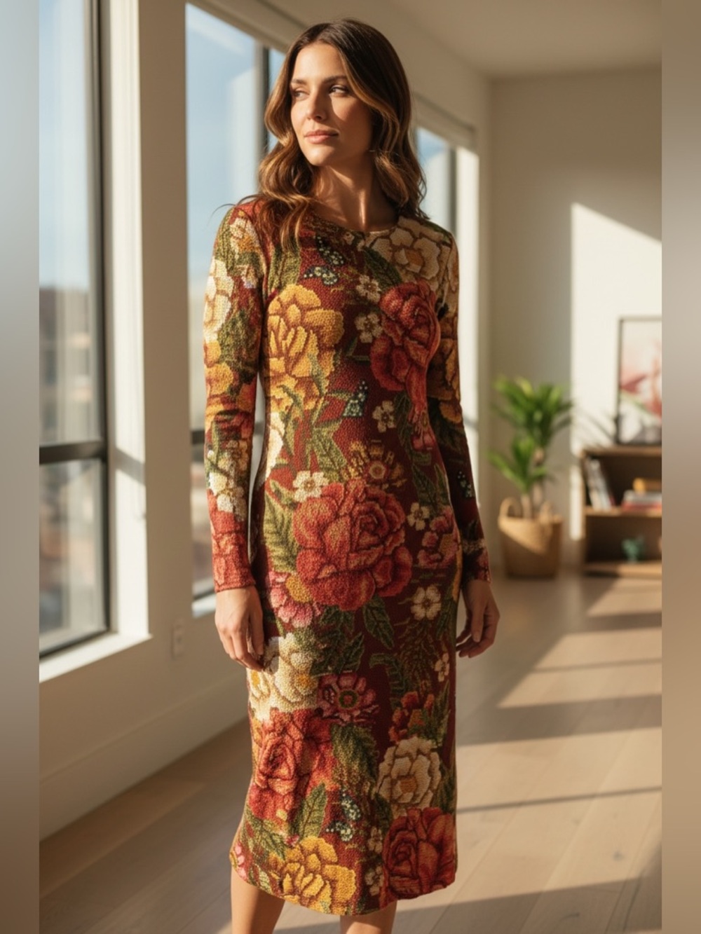 FARM by Anthropologie Floral Knit Maxi Dress in Red/Rust/Pink Floral Print W XS